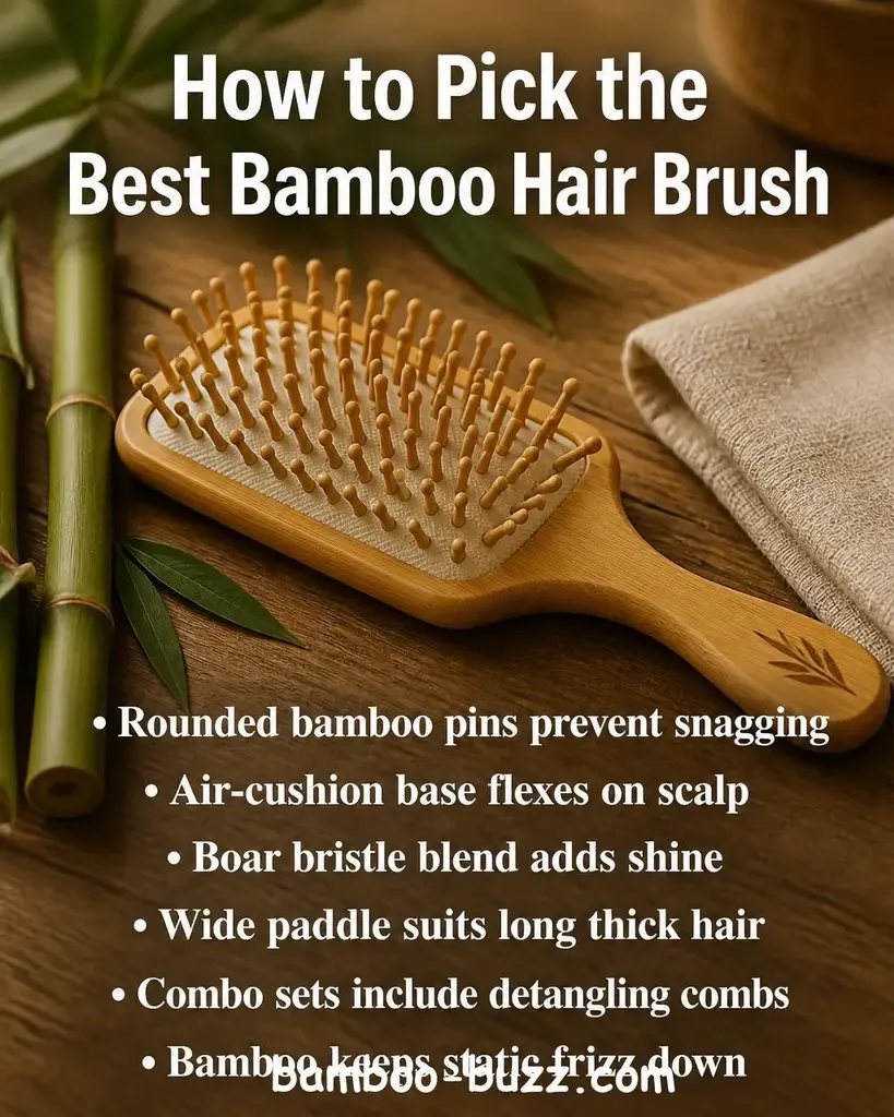 A bamboo paddle hair brush with rounded bamboo pins and air-cushion base on a warm light wood surface with bamboo stalks and folded linen fabric nearby, warm natural lighting with brown and green tones - best bamboo hair brush