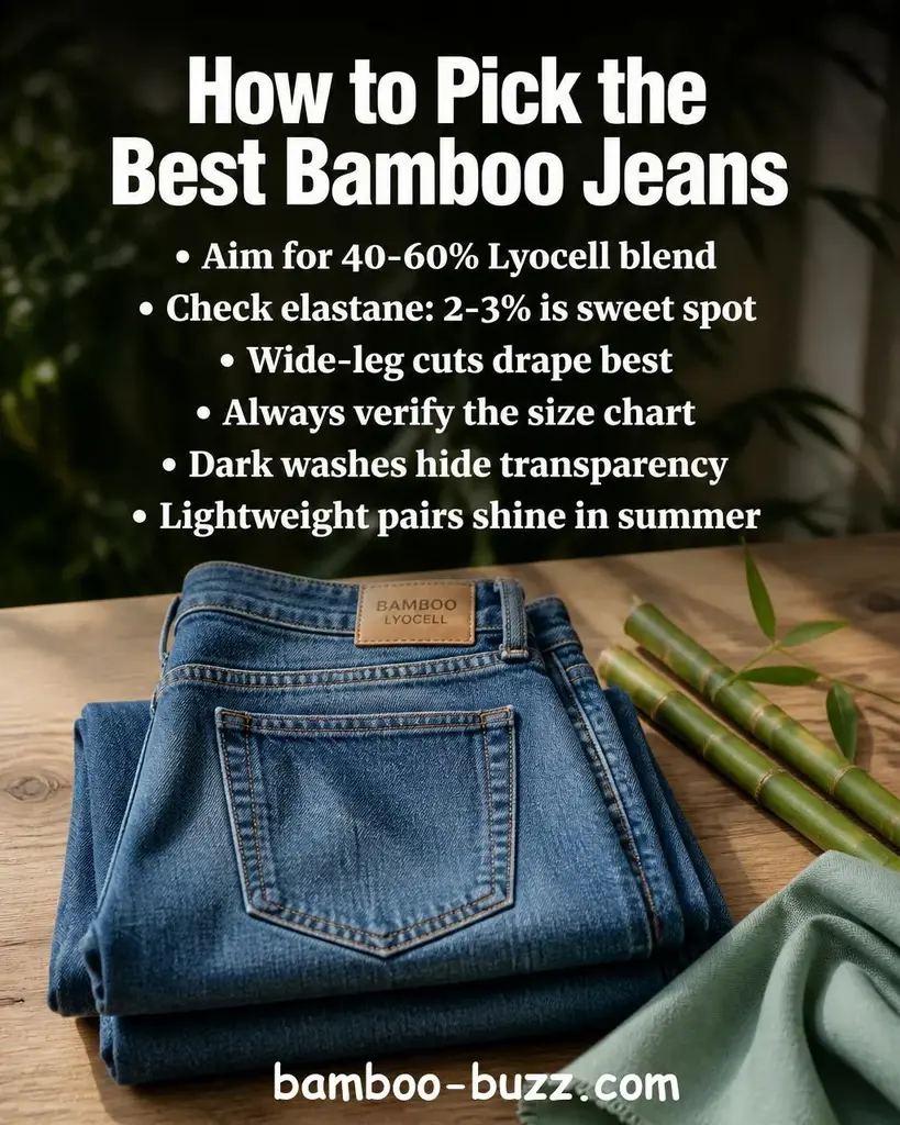 Folded blue denim jeans with bamboo stalks and a swatch of bamboo Lyocell fabric on a light wood surface in bright natural light - best bamboo jeans