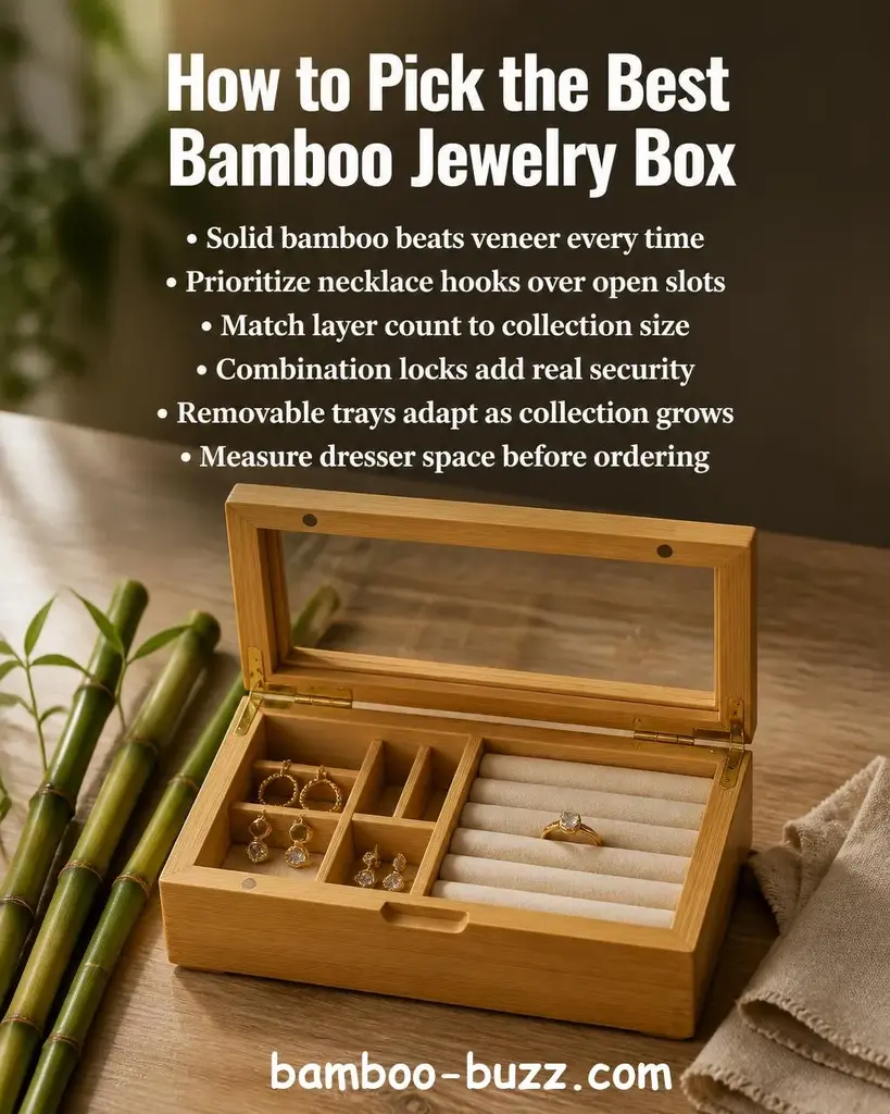 Open bamboo jewelry box with divided ring and earring compartments sitting on a light wood surface, bamboo stalks beside it, gold earrings and a ring visible inside, folded linen texture in corner - best bamboo jewelry box