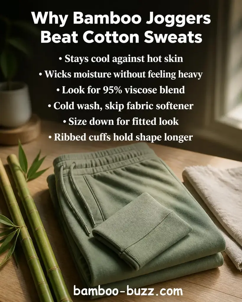 Folded sage green bamboo viscose jogger pants on a warm light wood surface with thin bamboo stalks and a cream linen napkin nearby, soft natural lighting - best bamboo joggers