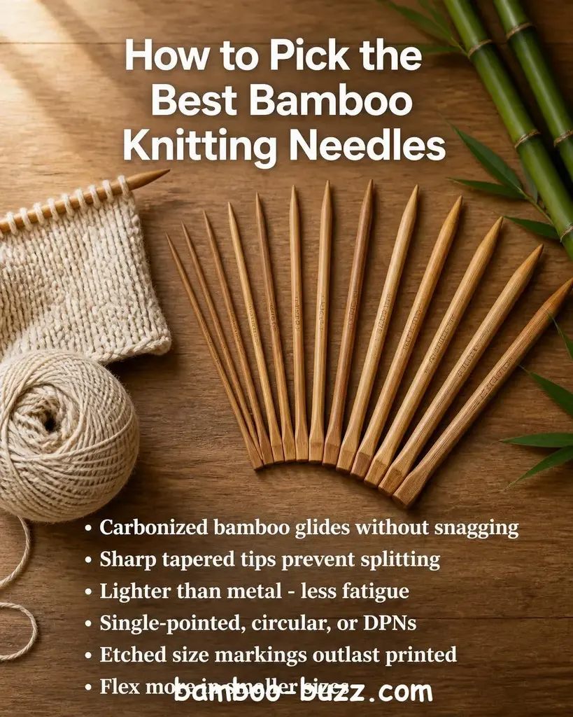 Bamboo knitting needles fanned out on a light wood surface with a ball of cream yarn, a knit swatch, and thin bamboo stalks accent - best bamboo knitting needles