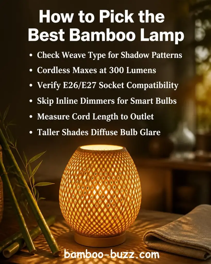 Handwoven bamboo table lamp with warm glowing woven shade casting patterned shadows on a light wood surface with bamboo stalks and folded linen fabric nearby - best bamboo lamp