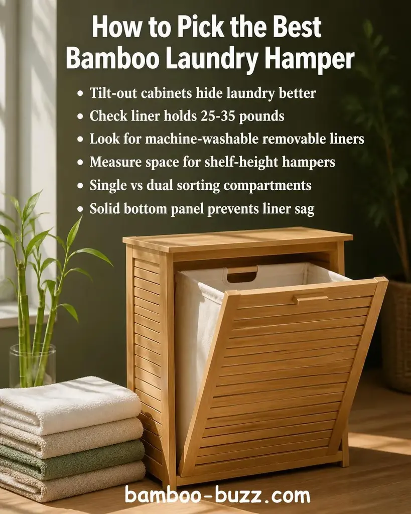 Natural bamboo laundry hamper with slatted front panel and canvas liner on a warm light wood surface beside folded linen towels and bamboo stalks - best bamboo laundry hamper