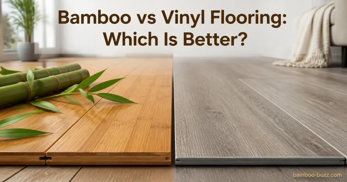 close side-by-side comparison of bamboo flooring and vinyl flooring planks with bamboo stalks and leaves nearby in modern room