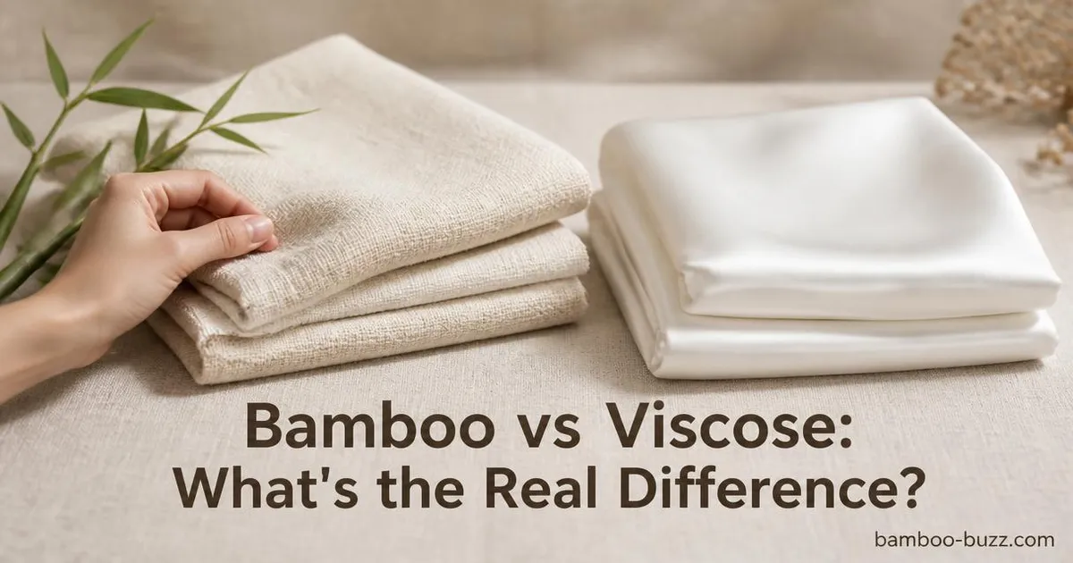Folded bamboo fabric with bamboo sprig beside smooth viscose fabric on natural linen background