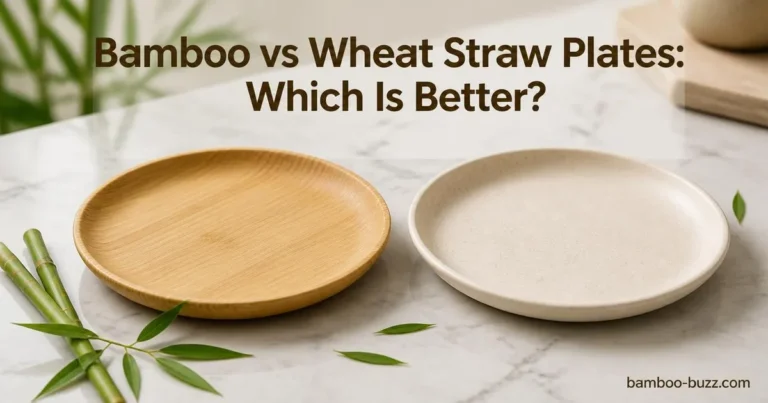 Bamboo and wheat straw plates displayed side by side on a light marble surface with bamboo leaves nearby