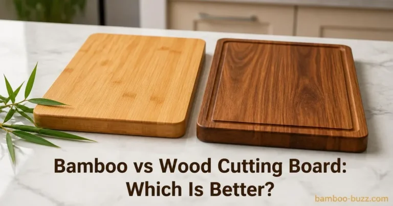 Photorealistic side-by-side bamboo and wood cutting boards on marble counter with bamboo leaves and text overlay
