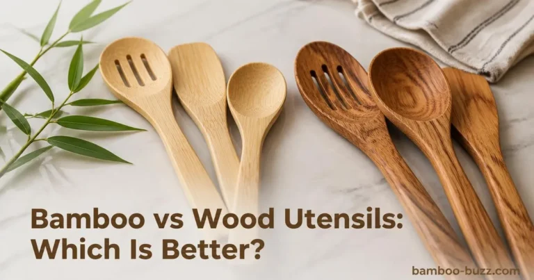 Bamboo and wooden kitchen utensils side by side on a light marble counter with bamboo leaf sprig and title text overlay