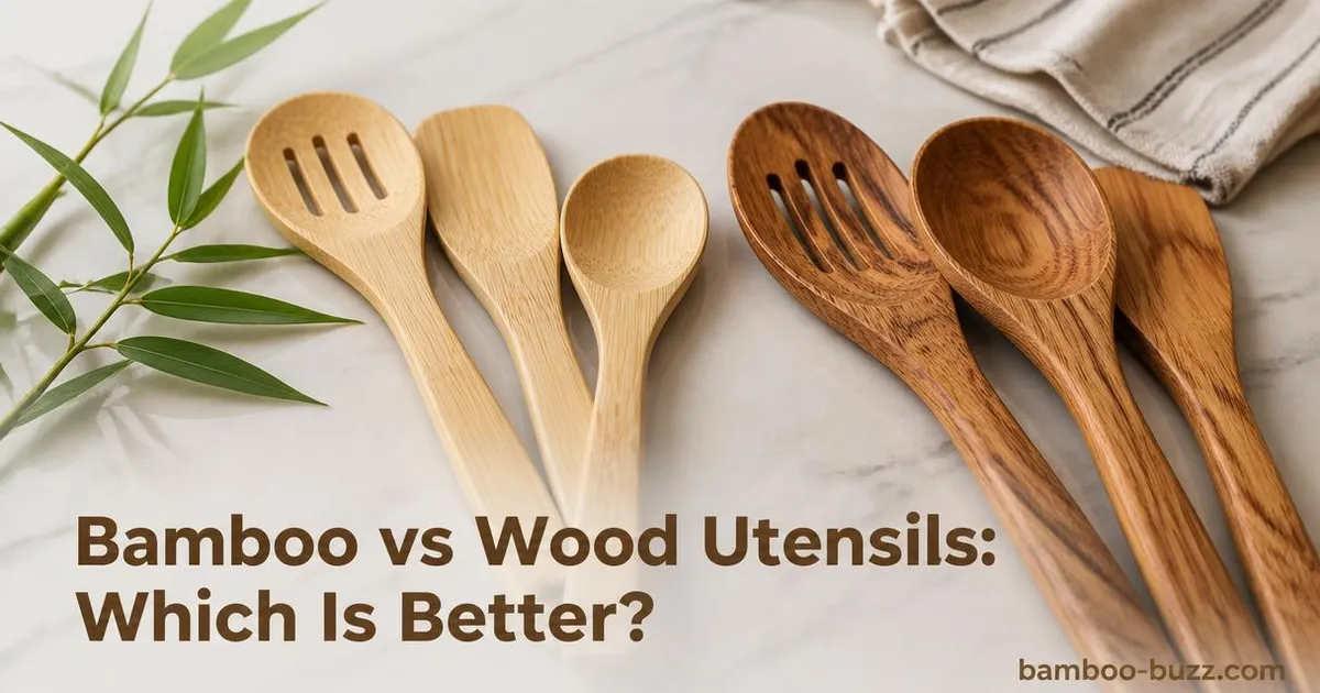 Bamboo and wooden kitchen utensils side by side on a light marble counter with bamboo leaf sprig and title text overlay