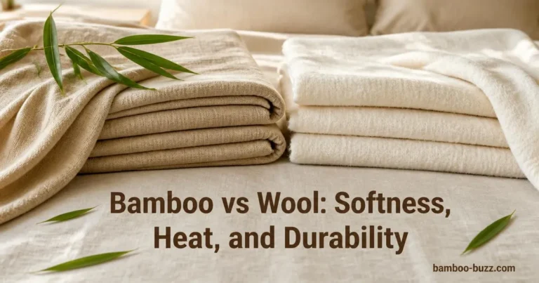 Side by side folded bamboo fabric with bamboo leaves and wool fabric on natural linen background with soft lighting
