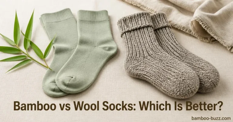 Two pairs of socks side by side on linen background with bamboo leaves sprig beside bamboo socks and title text overlay