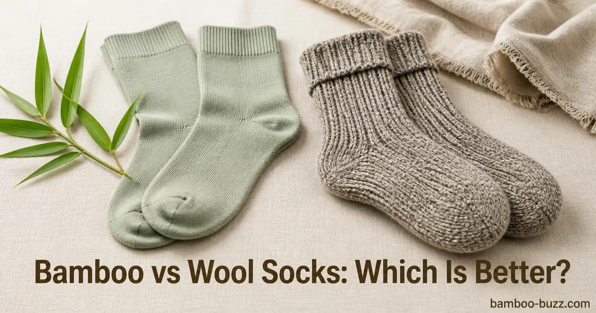 Two pairs of socks side by side on linen background with bamboo leaves sprig beside bamboo socks and title text overlay