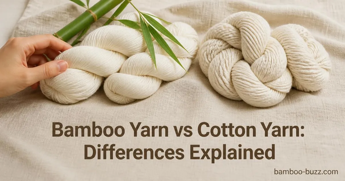 Side by side skeins of creamy bamboo yarn with bamboo stalk and off-white cotton yarn on natural linen fabric