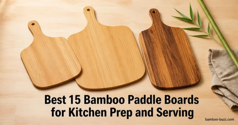best bamboo paddle board: 12- and 16-inch bamboo pizza peels with acacia serving paddle on light wood, bamboo stalk and linen