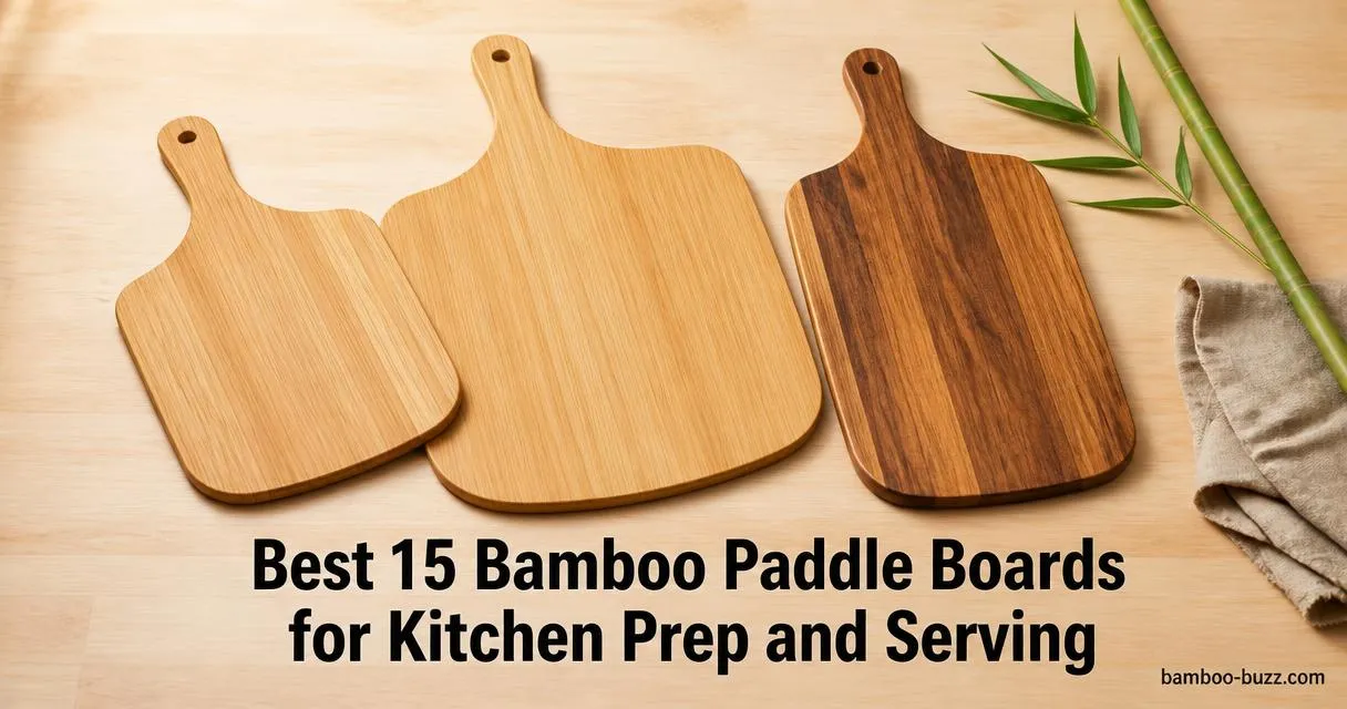 best bamboo paddle board: 12- and 16-inch bamboo pizza peels with acacia serving paddle on light wood, bamboo stalk and linen