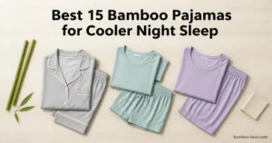 best bamboo pajamas: folded cooling short-sleeve set, shorts set, and capri set on light wood with bamboo stalks and a leaf
