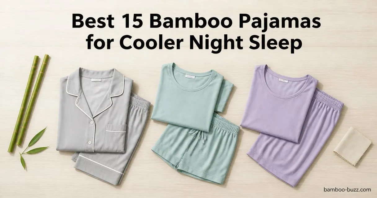 best bamboo pajamas: folded cooling short-sleeve set, shorts set, and capri set on light wood with bamboo stalks and a leaf
