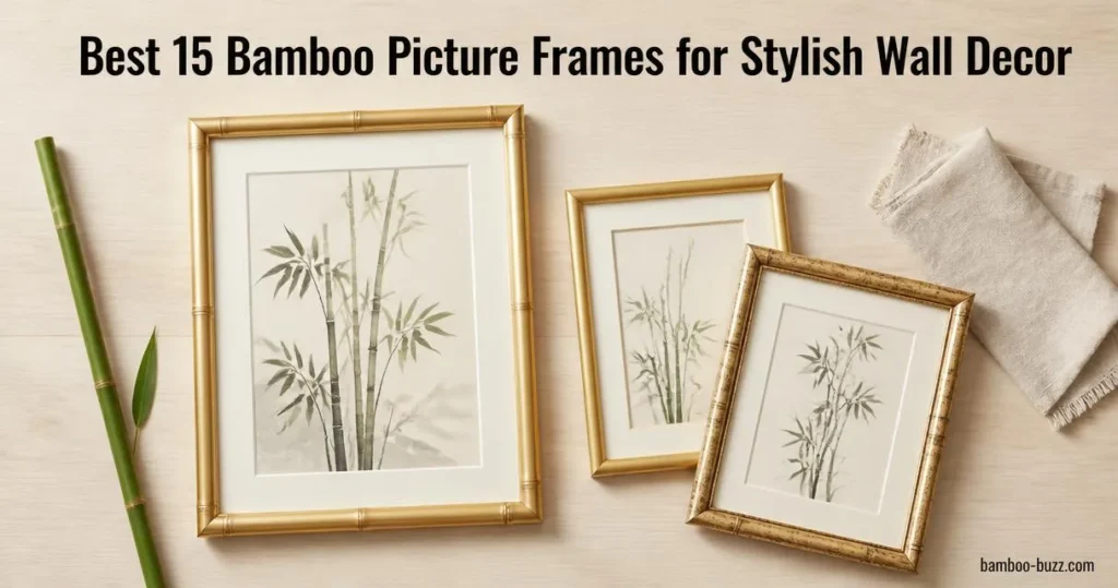 best bamboo picture frame: three bamboo-style frames (one large 24x36 and two 11x14) flatlay on light wood with a bamboo stalk