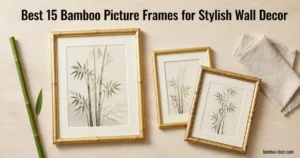best bamboo picture frame: three bamboo-style frames (one large 24x36 and two 11x14) flatlay on light wood with a bamboo stalk