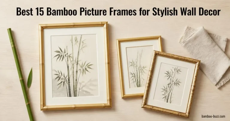 best bamboo picture frame: three bamboo-style frames (one large 24x36 and two 11x14) flatlay on light wood with a bamboo stalk