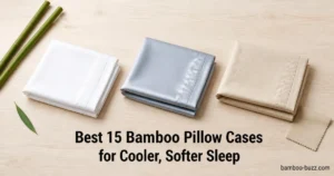 best bamboo pillow cases: white, cool-tone king and textured luxury pillowcases arranged with bamboo stalks on light wood