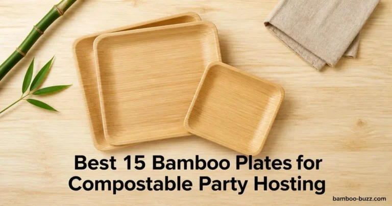 Bamboo plates flatlay: two 10-inch square plates and one 7-inch dessert plate on light wood with a bamboo stalk