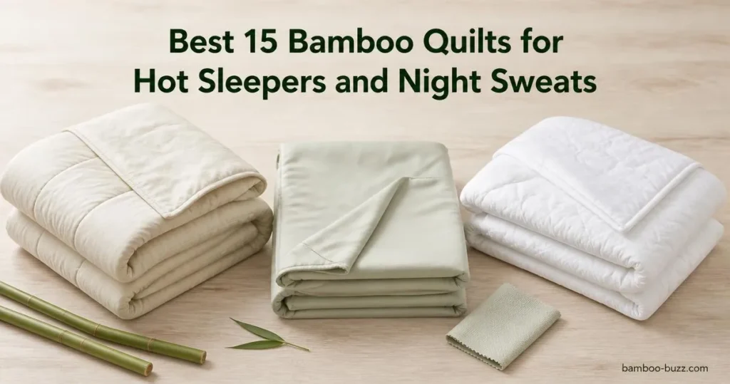 best bamboo quilt: three folded bamboo quilts (king, 400TC viscose, cooling comforter) on light wood with bamboo stalks