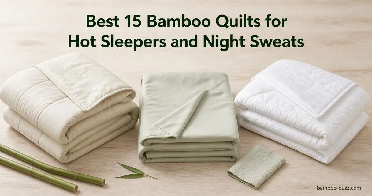 best bamboo quilt: three folded bamboo quilts (king, 400TC viscose, cooling comforter) on light wood with bamboo stalks