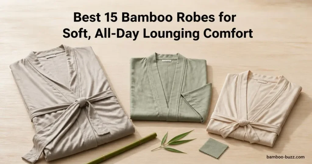best bamboo robes: three folded robes (long wrap, kimono short, cooling short) on light wood with bamboo stalk and leaf