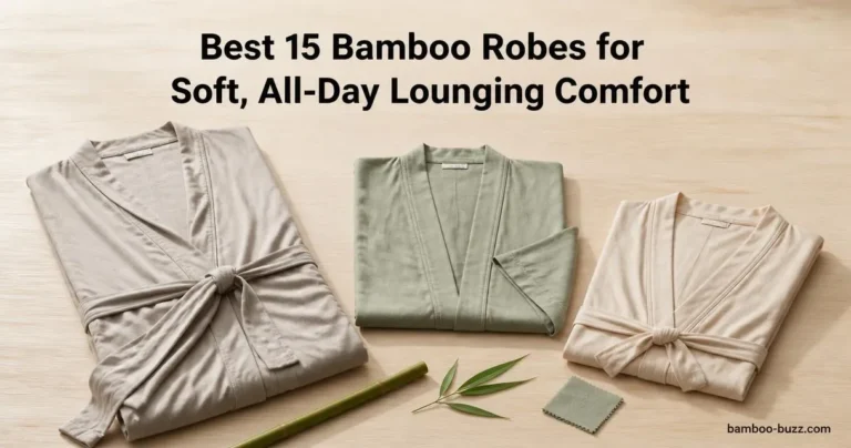 best bamboo robes: three folded robes (long wrap, kimono short, cooling short) on light wood with bamboo stalk and leaf