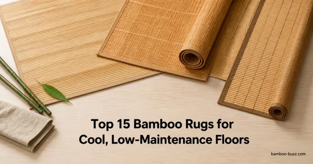 best bamboo rug two flatwoven rugs, a rolled runner and a 5x8 mat, on light wood with bamboo stalk and folded linen