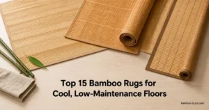 best bamboo rug two flatwoven rugs, a rolled runner and a 5x8 mat, on light wood with bamboo stalk and folded linen