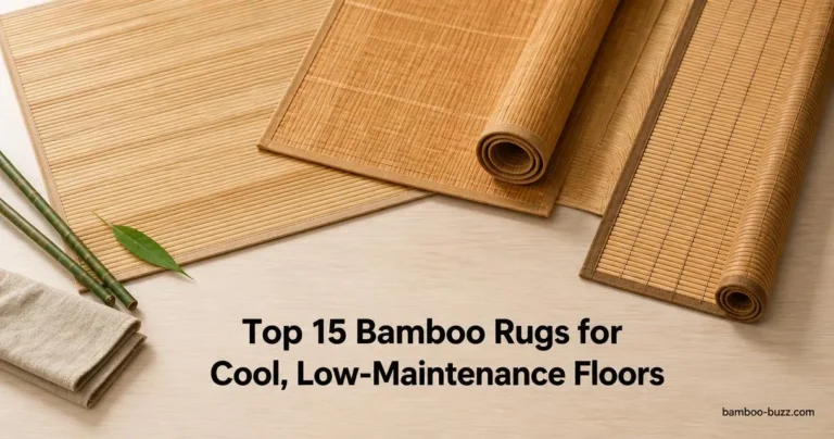 best bamboo rug two flatwoven rugs, a rolled runner and a 5x8 mat, on light wood with bamboo stalk and folded linen