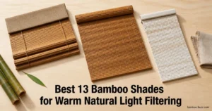 best bamboo shades: three unbranded bamboo shade samples (roman and cordless) flatlaid on light wood with bamboo stalks and folded linen